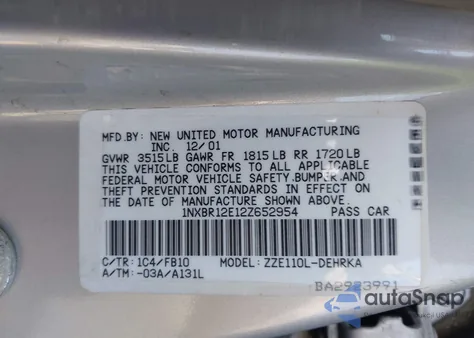 2002 Toyota Corolla Ce from USA, damaged, VIN 1NXBR12E12Z652954